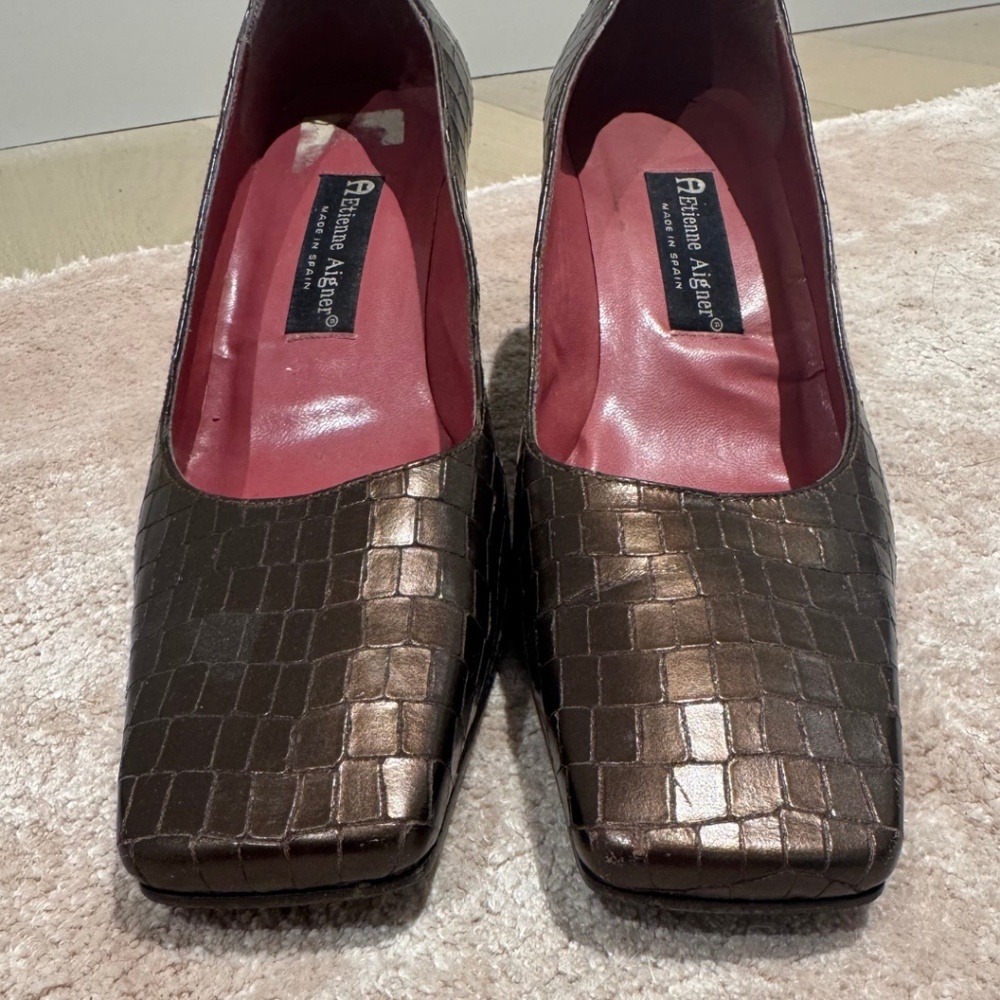 Vintage Made in Spain Leather Etienne Aigner Metallic Square Toe Heels